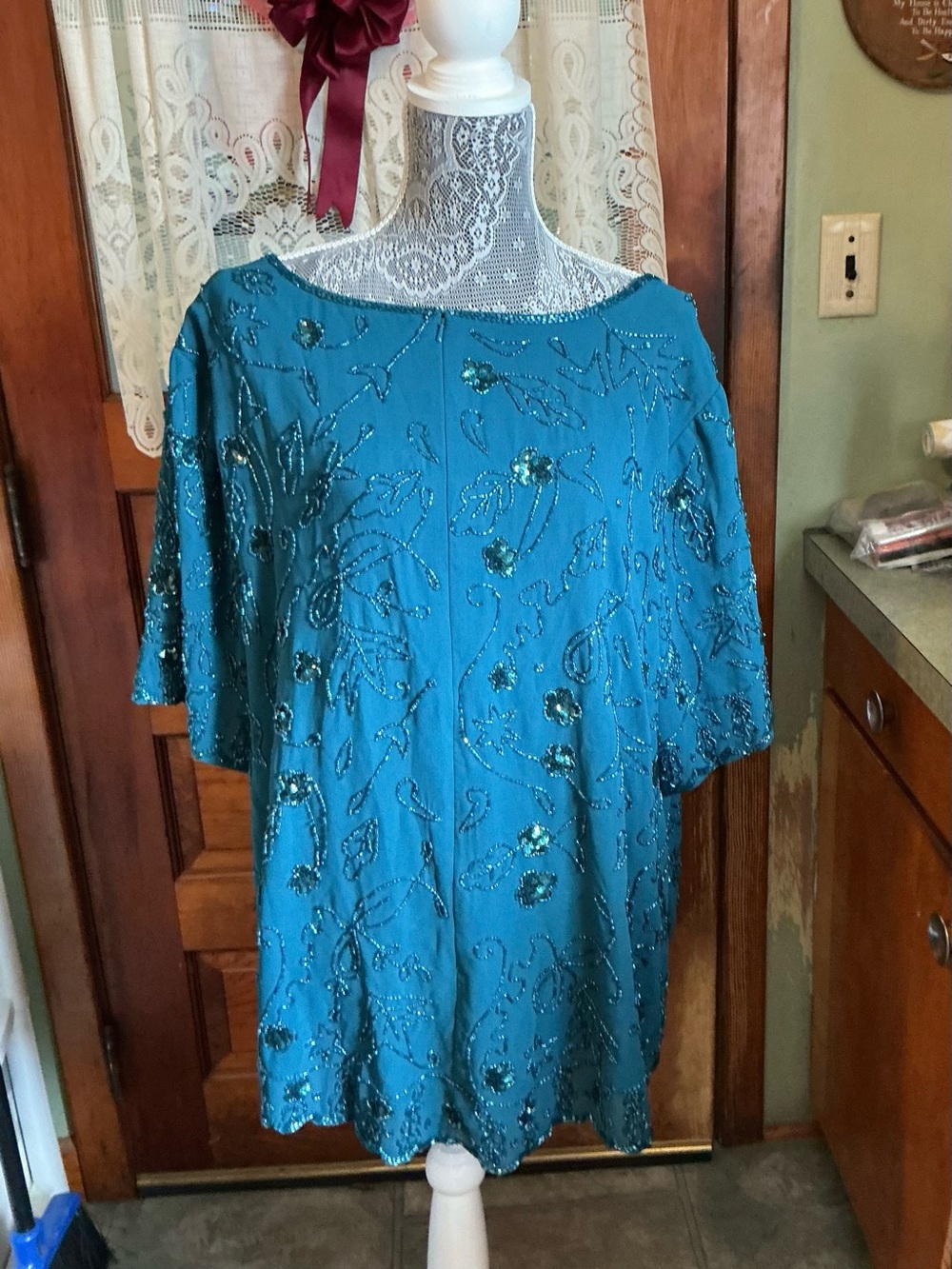 Roaman's Teal Beaded Floral Tunic Top